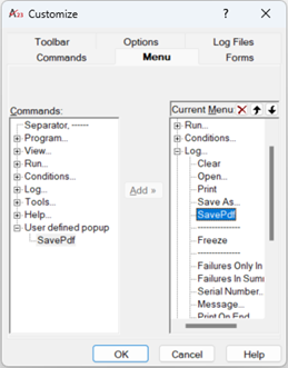 Configure Menu Save PDF Log Selection